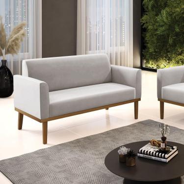 Imagem de Poltrona Namoradeira Decorativa Pés Fixo Em Madeira Castanho Veludo Cinza