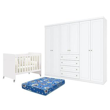 Imagem de Berço Americano Evolution 4 em 1 Branco Acetinado e Guarda Roupa Casal Americano 6 Portas Branco HP e Colchão Ortobom - Henn