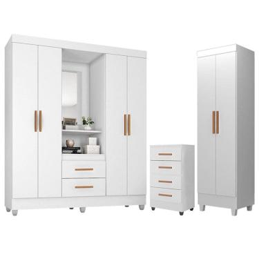 Imagem de Guarda Roupa Casal Capela com Cômoda 4 Gavetas e Armário Multiuso Lite Branco Brilho - Móveis Leão