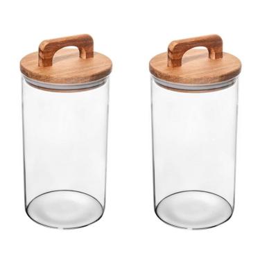 Imagem de Conjunto 02 Potes de Vidro com Tampa Hermética de Acácia 1,25L Wolff