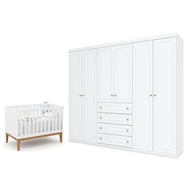 Imagem de Berço Americano Unique Branco Soft Eco Wood - Matic E Guarda Roupa Casal Americano 6 Portas Branco Hp - Henn