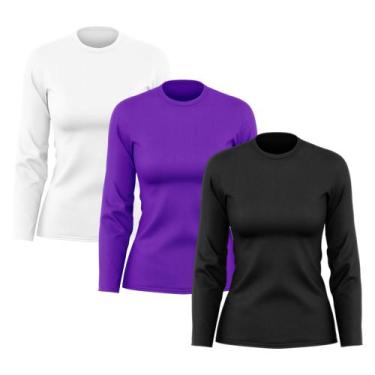 Imagem de Kit 3 Camisetas Feminina Manga Longa Dry Fit Básica Lisa Proteção Sola