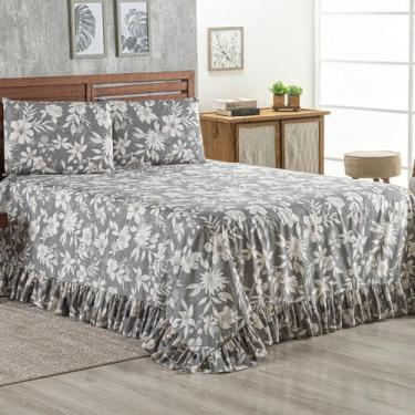 Imagem de Colcha Casal 400 Fios Estampada Com Babado 03 Peças Toque Macio Laila 