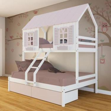 Imagem de Beliche Casal- Solteiro Casinha Bela 02 Gavetas Rosa - Madeira Maciça 