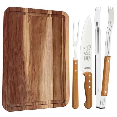 Imagem de Kit para Churrasco Tramontina com Pegador Faca e Garfo Trinchante + Tabua de Corte 25x36cm