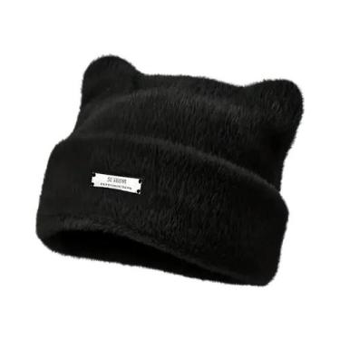 Imagem de Gorro Feminino De Inverno Quente De Pelúcia Com Orelhas De Gato, Elást