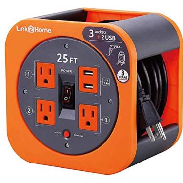 Imagem de Link2Home Cord Reel 25 ft. Extensão Cabo 3 Tomadas de alimentação, 2 portas USB, 2.4A Carga Rápida – 16 CaboS AWG SJT