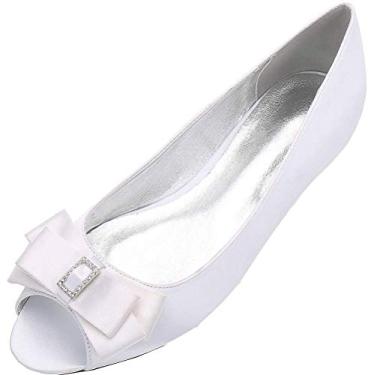 Imagem de Sapato feminino com laço peep toe casamento peep toe sem salto para noivas no escritório, Branco, 7