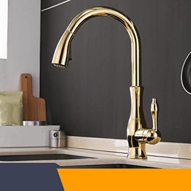 Imagem de Torneiras de cozinha cromadas de manípulo único pull out torneira de cozinha com furo único giratório 360 graus torneira misturadora de água torneira misturadora, ouro, china