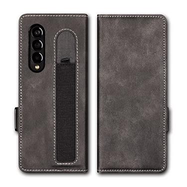 Imagem de Capa carteira para Samsung Galaxy Z Fold 3, [slot para caneta na parte traseira] Capa de telefone magnética com slot para cartão de couro PU compatível com Z Fold 3 5G 2021, preta