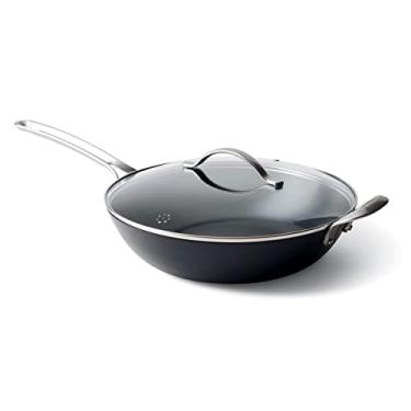 Imagem de GreenPan x Food 52 Five Two Essentials: Wok de aço inoxidável de três dobras com suporte dobrável, sem PFAS, vários revestidos, indução, seguro para lava-louças, seguro para forno, prata