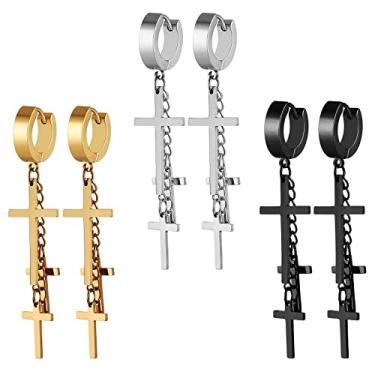 Imagem de HZMAN Conjunto de 3 pares de brincos cruzados de cor sólida de aço inoxidável feminino e masculino de 13 mm, Aço inoxidável, Sem pedra preciosa