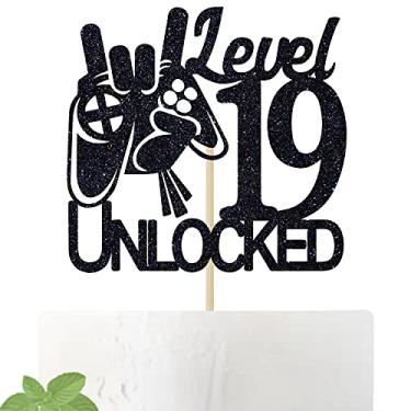 Imagem de Topo de bolo de aniversário de jogo desbloqueado nível 19 com glitter preto - Decorações de bolo de aniversário de 19 anos para meninos - Sweet 19 - Topo de bolo com tema de videogame - Suprimentos de decoração de festa vencedora a nível