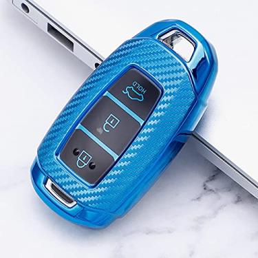 Imagem de YJADHU Capa de chave de carro de fibra de carbono TPU, apto para Hyundai i30 Ix35 Kona Encino Solaris Azera Grandeur Ig Accent TM Palisade Santa Fe,E, azul