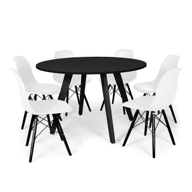 Imagem de Conjunto Mesa de Jantar Redonda Amanda 120cm Preta com 6 Cadeiras Eames Eiffel Base Preta - Branco