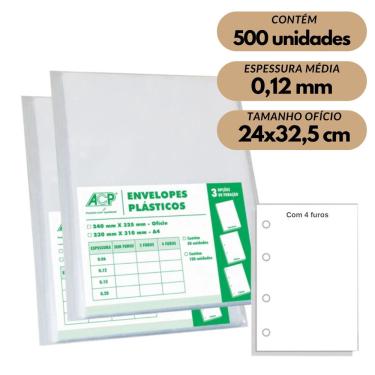 Imagem de Envelope Saco Plástico Ofício Acp 0,12mm 4 Furos C/500