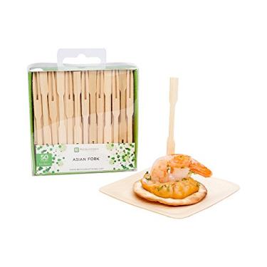 Imagem de Palitos de garfo de madeira de 8,9 cm, 50 mini garfos de madeira para coquetéis – duas pontas, compostáveis, mini palitos de bambu para coquetéis, resistentes, para festas ou catering – Restaurantware