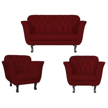 Imagem de Kit Namoradeira + 2 Poltronas Decorativa Dália Suede Marsala Pés Madeira Ms Decor