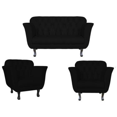 Imagem de Kit Namoradeira + 2 Poltronas Decorativa Dália Suede Preto Pés Madeira Ms Decor