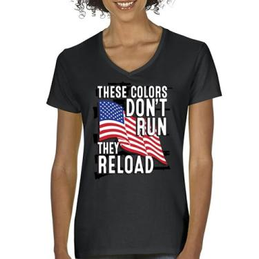 Imagem de Camiseta feminina gola V These Colors Don't Run They Reload 2nd Amendment 2A Don't Tread on Me Second Right Camiseta com bandeira americana, Preto, GG