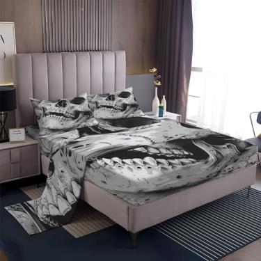 Imagem de Jogo de lençol de solteiro, crânio, osso de rocha, cinza, 4 peças, microfibra macia e respirável, lençol com elástico alto, lençol de hotel e fronha