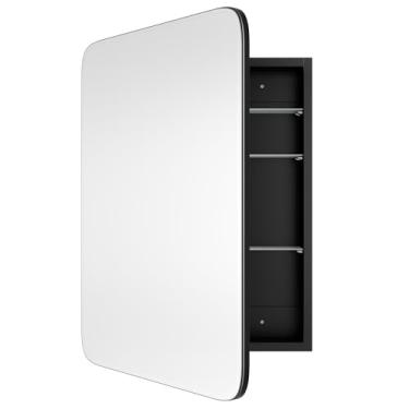 Imagem de AGDULL Armário preto de madeira para banheiro com espelho curvo de 50 x 76 cm, armário de remédios embutido, armário de armazenamento de banheiro