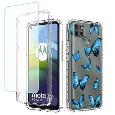 Imagem de sidande Capa para Moto G9 Power, XT2091-3 com protetor de tela de vidro temperado, capa protetora fina de TPU floral transparente para celular Motorola Moto G9 Power (borboleta)