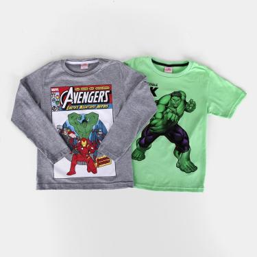 Imagem de Kit Camiseta Infantil Marvel Malha Avengers Hulk Menino - 2 Peças-Masculino