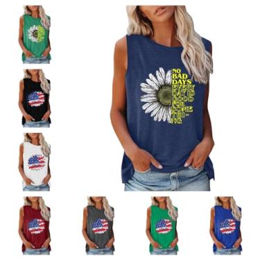 Imagem de Camiseta regata feminina com estampa engraçada de girassol com bandeira americana, túnica, gola redonda, sem mangas, regatas de treino, tops de verão, A02 Azul, GG