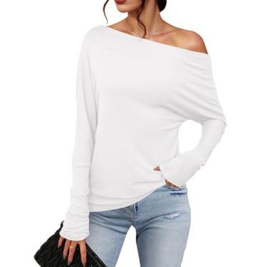 Imagem de Meetrendi Camiseta feminina assimétrica de manga comprida moderna sexy com ombro de fora 2024 camiseta túnica casual solta lisa, Branco, XXG