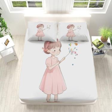 Imagem de Jogo de lençol branco com desenho animado de menina com bolso alto, estampa de microfibra, hotel, luxuoso, 1 lençol de cima, 1 lençol com elástico e 2 fronhas