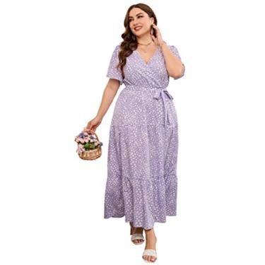 Imagem de KOJOOIN Vestido longo feminino plus size com decote em V, cintura alta, babados, manga curta, vestido casual de verão com cinto, Flor de manga curta roxa e branca, XGG