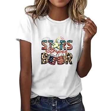 Imagem de Camiseta feminina patriótica Star Stripes Beer 4th of July com bandeira americana de manga curta gola redonda linda camiseta de festival, Branco, G