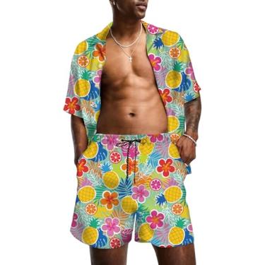 Imagem de KYKU Conjunto masculino de camisa havaiana e short – camisa de verão de manga curta abotoada para férias tropicais, roupas de 2 peças, Abacaxi multicolorido, G