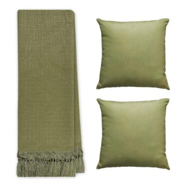 Imagem de Kit Manta Xale de Sofá e Cama Colcha Grande 2,20m com 2 Capas de Almofada (139 NOOR VERDE MUSGO)