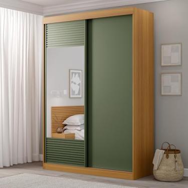 Imagem de Guarda-roupa Solteiro 2 Portas 1 Porta com Espelho Samambaia Cabecasa Madeiramadeira Carvalho/Verde