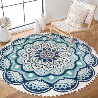 Imagem de Uphome Tapete redondo 1,6 m azul círculo boho tapete com pompom franja lavável na máquina sofá antiderrapante tapete macio bonito mandala desabrochando tapete para sala de estar quarto quarto infantil berçário