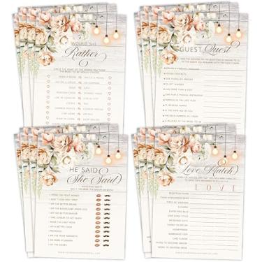Imagem de Jogos de casamento nupciais de madeira rústica e floral - Would She Rather, Guest Quest, He Said She Said, and Love Match - 25 cartas dupla face 5x7 em cartolina pesada