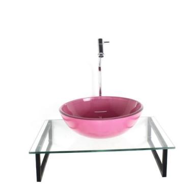 Imagem de Kit Cuba Vidro Redonda 10Mm Rosa Tampo 50Cm Incolor Suporte - Cubas E 