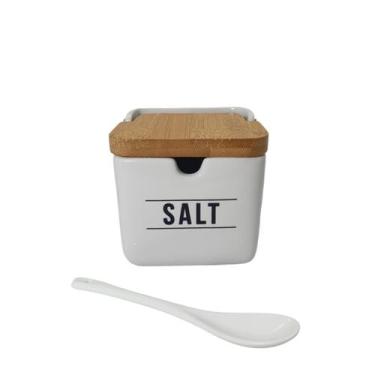 Imagem de Saleiro Em Porcelana Branco Manhattan Com Colher E Tampa Em Bambu 270m