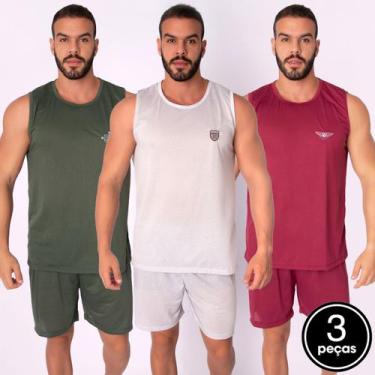 Imagem de Kit 3 Pijamas Malha Liso Masculino Adulto Regata e Short - WLS Modas, 