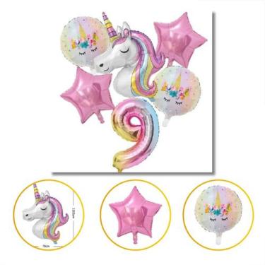 Imagem de Kit Balão Unicórnio 5 Anos Bexiga Número aniversário menina decoração 