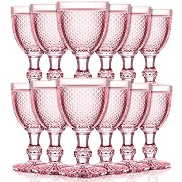 Imagem de Bokon Conjunto de 12 taças de vidro de 283 g copo de vinho transparente vintage copos de água em relevo design de diamante com haste para beber suco, licor, festa, casamento bar (rosa)