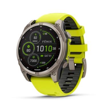 Imagem de Garmin fASCGnix® 8 – 47 mm, solar, AMOLED, safira, smartwatch GPS multiesportivo premium, vida útil da bateria, classificação de mergulho, lanterna LED embutida, titânio com faixa amarela/grafite