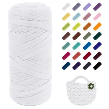 Imagem de JeogYong Fio de camiseta, 200 g/59,7 m, tecido elástico, tecido de tricô, fita de tecido de crochê branco creme para sacos de crochê/cestas/tapetes, decoração de casa, artesanato DIY