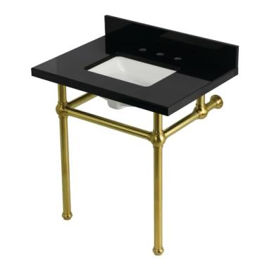 Imagem de Kingston Brass KVPK3030KBSQ7 Templeton Pia de console de granito preto de 76 cm com pernas de latão, granito preto/latão escovado