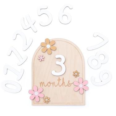 Imagem de Zjyufy 10 peças de madeira para bebês sinais de marco mensal cartões de meses de bebê adereços de foto de bebê números intercambiáveis para estúdio fotográfico doméstico