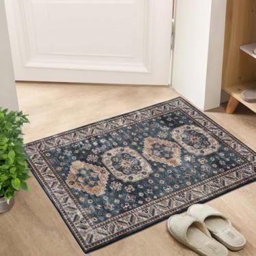 Imagem de FairOnly Tapete de entrada pequeno Boho 2x3 Tapete de porta lavável tapetes de banheiro antiderrapantes tapete de cozinha de pilha baixa para cabeceira dormitório lavanderia, azul escuro