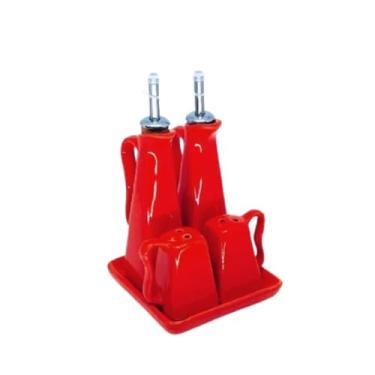 Imagem de Galheteiro de Cerâmica Conjunto com 5 Peças para Azeite, Vinagre, Sal e Pimenta com Suporte, Design Sofisticado, Resistente, Fácil de Limpar e Perfeito para Ocasiões Especiais (Vermelho)