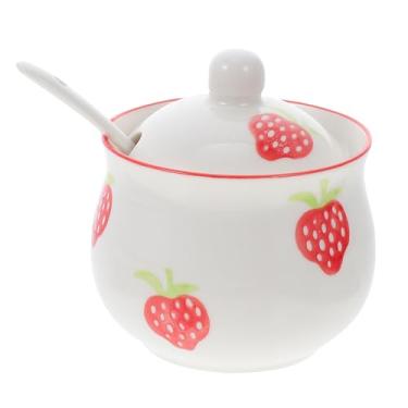 Imagem de Hemoton 1 conjunto de suportes de sal e pimenta de cerâmica com tampas e colheres, potes de armazenamento de temperos de cozinha, recipientes decorativos em forma de frutas para bancada, jarra de